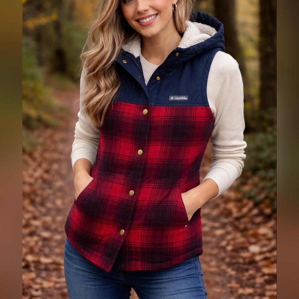 Columbia Red Black Plaid Hooded Fleece Lined Vest Women’s Size S Snap Front Cozy
